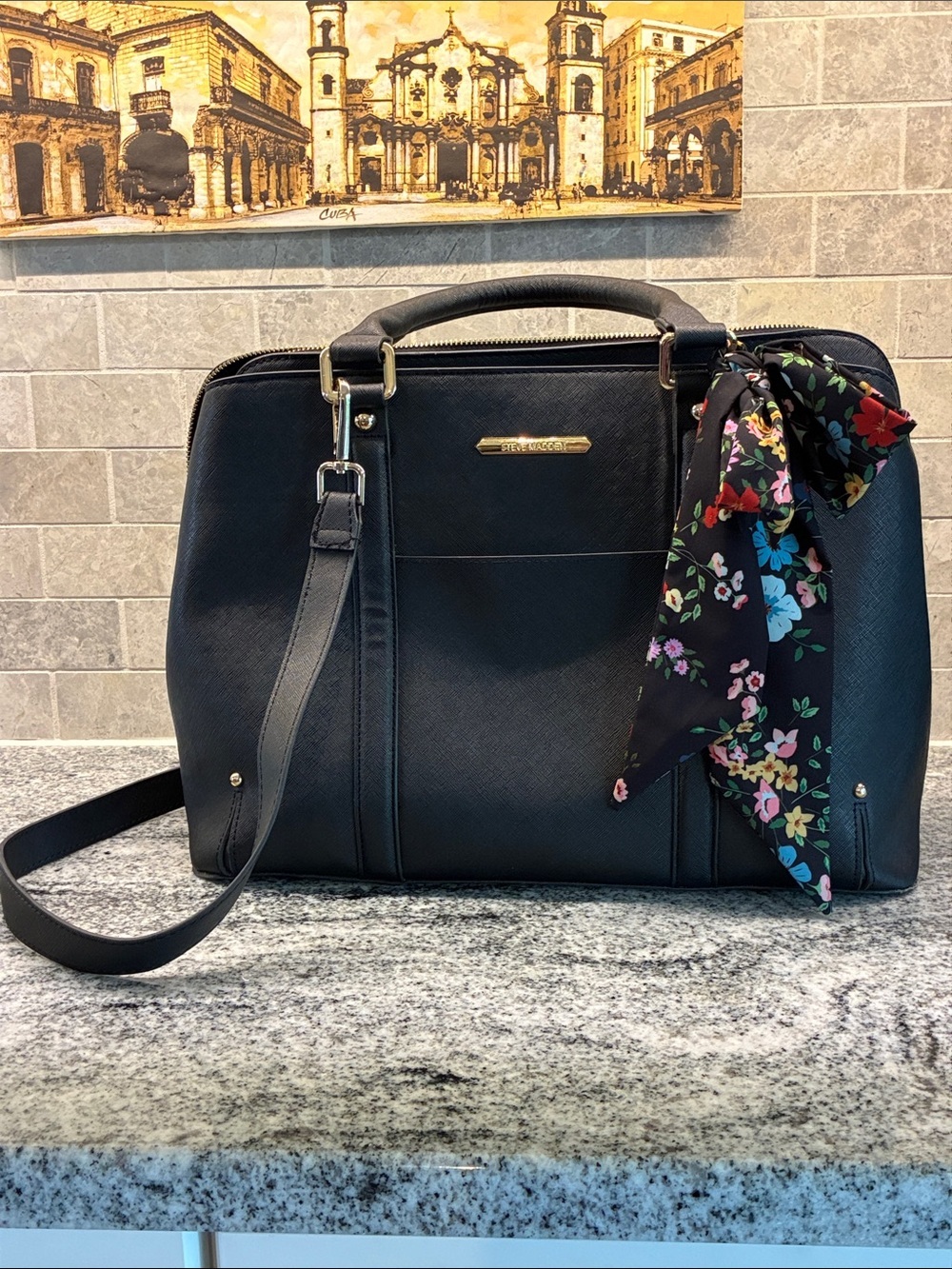 Steve Madden Black Satchel with Floral Scarf Accent.  B21